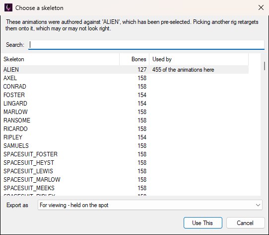 The Choose a skeleton dialog listing rigs with their bone counts, the rig the clips were authored on pre-selected at the top, and the Export as dropdown set to For viewing - held on the spot.