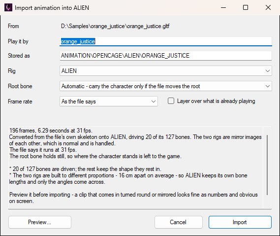 The Import animation into ALIEN dialog showing the file path, the play-by name and stored-as path, the rig, root bone and frame rate dropdowns, and a summary reporting 196 frames and that the mannequin animation was converted onto the game's skeleton.