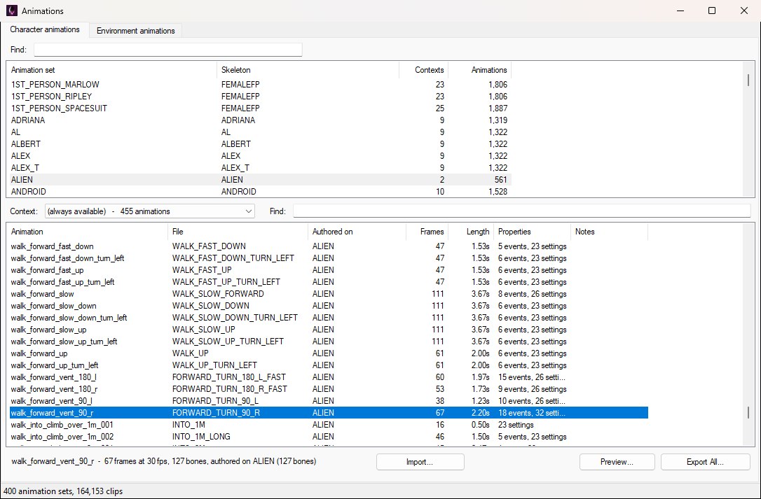 The Animation Editor window with the ALIEN set selected in the top list, its always-available context chosen, and one clip highlighted in the clip list below with the summary line and the Import, Preview and Export buttons along the bottom.