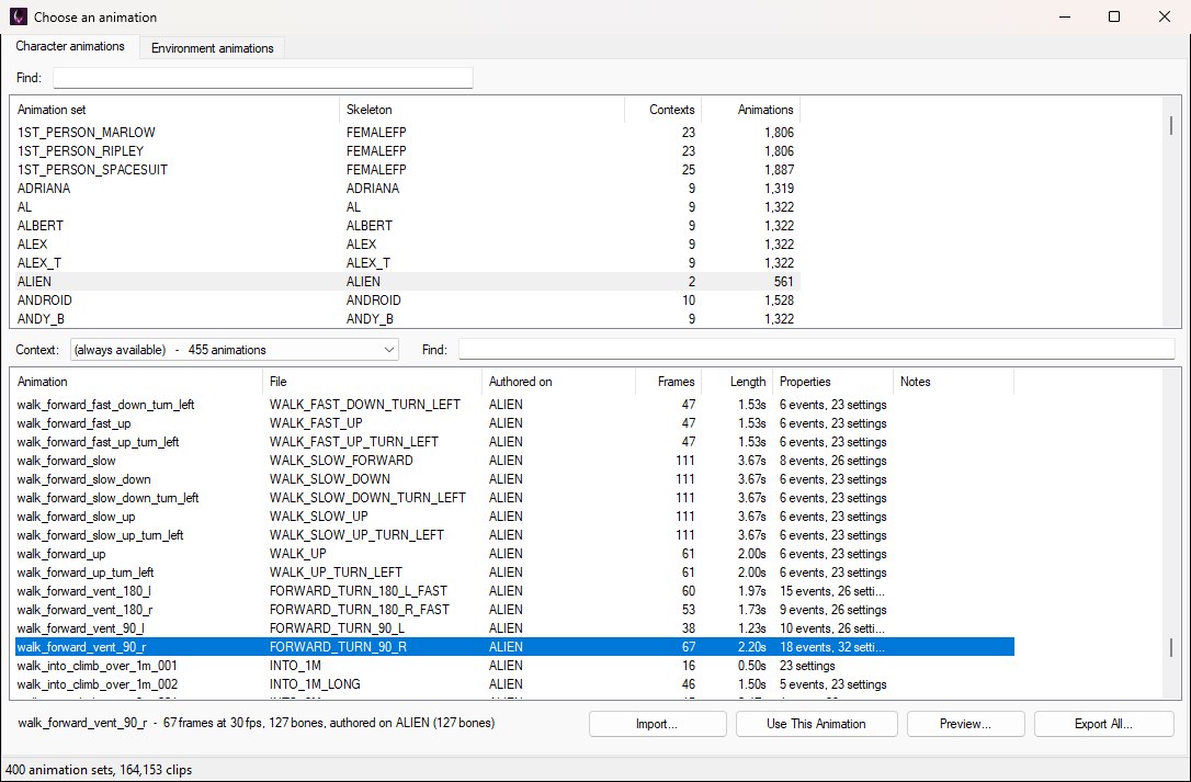 The animation browser opened as a picker, titled Choose an animation, with the current clip pre-selected and a Use This Animation button added between Import and Preview.