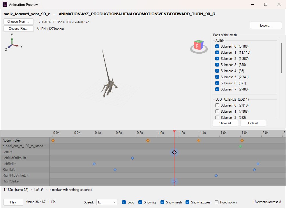 The Animation Preview window showing the alien mesh mid-animation in the 3D viewport, the parts-of-the-mesh checklist on the right, the event marker timeline underneath with a marker selected, and the play, speed, loop and display toggles along the bottom.