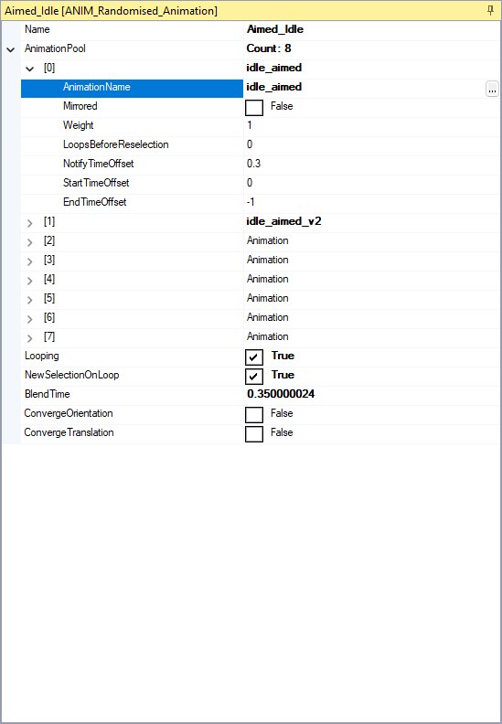 The Node Properties panel for a randomised animation leaf, with the AnimationPool array expanded to show its eight slots and the first slot's fields.