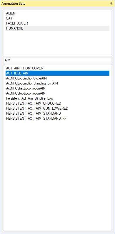 The Animation Sets panel with HUMANOID selected and the trees list filtered by typing AIM into the search box.
