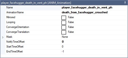 The Node Properties panel for an ANIM_Animation node, listing Name, AnimationName, Looping, Mirrored, Mask and the converge and time-offset fields.