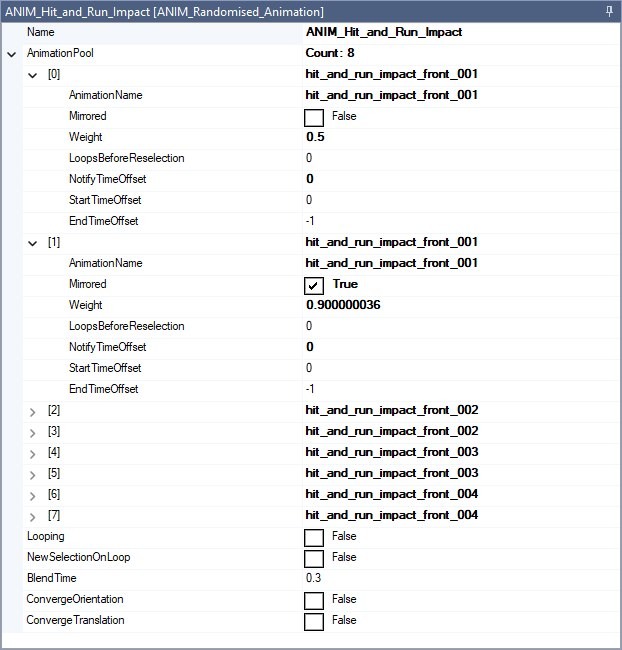 The Node Properties panel for an ANIM_Randomised_Animation node with its AnimationPool expanded to show two weighted animation entries.