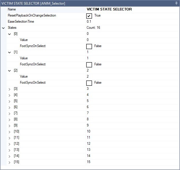 The Node Properties panel for an ANIM_Selector node with its States array expanded, each state showing a Value and FootSyncOnSelect field.