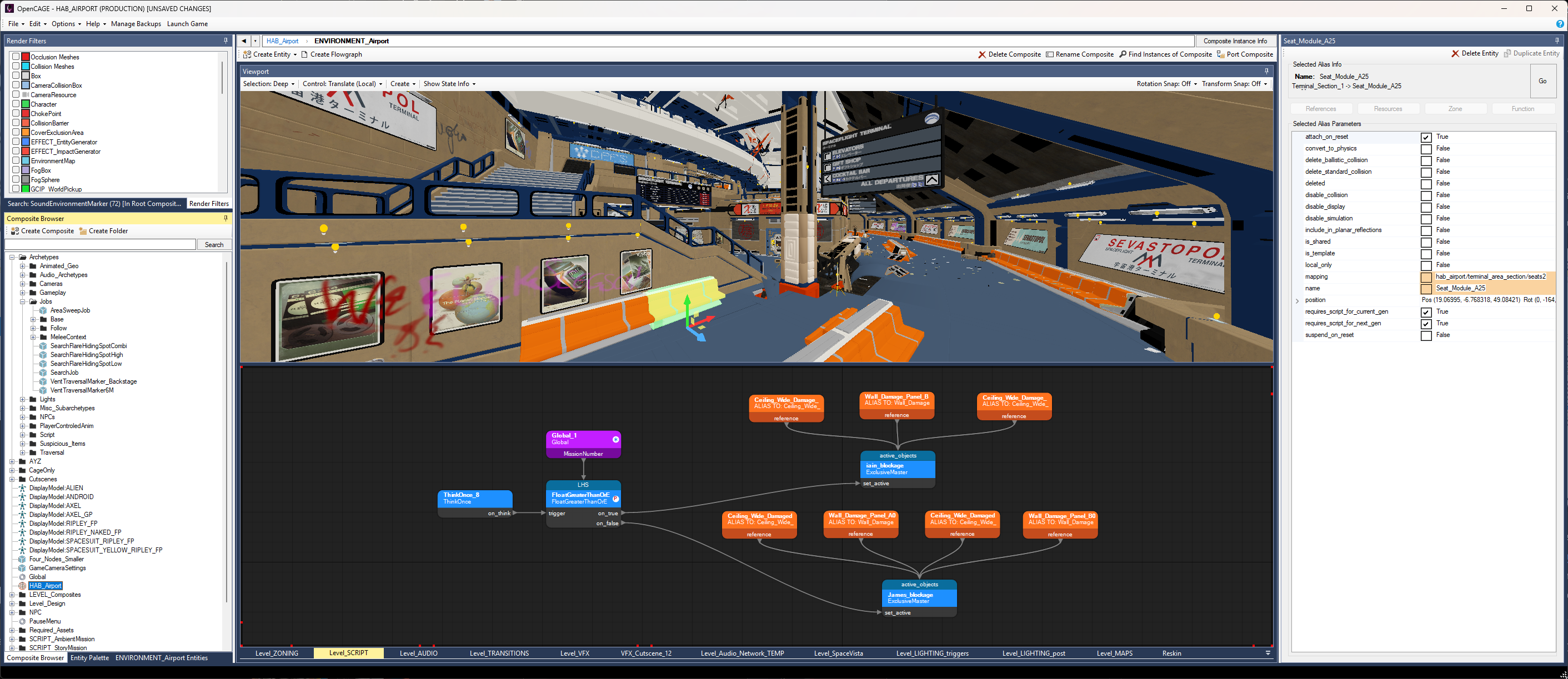 The OpenCAGE script editor: render filters and composite browser on the left, the 3D Viewport above the flowgraph in the centre, and the entity inspector on the right