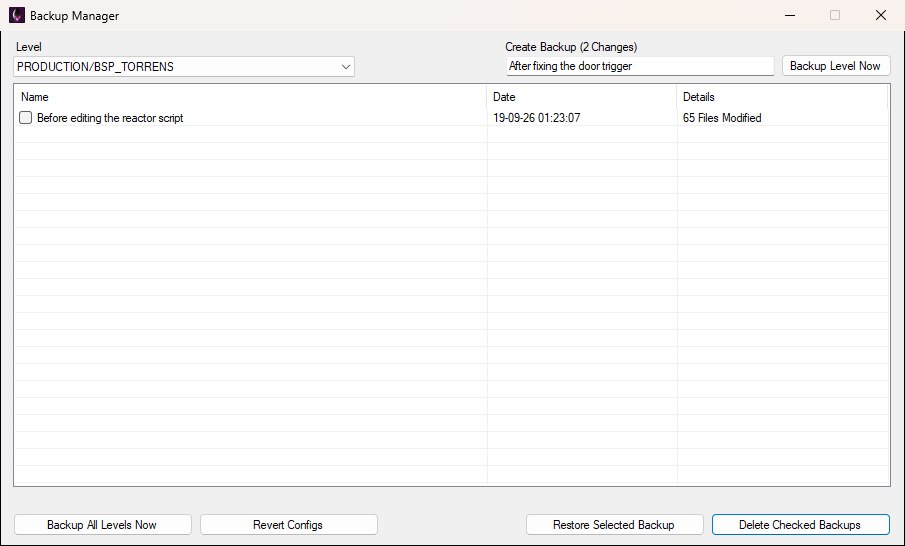 The Backup Manager window with PRODUCTION/BSP_TORRENS selected, a Create Backup (2 Changes) label above the name box, one backup listed with its date and file count, and the Backup All, Revert Configs, Restore and Delete buttons along the bottom.