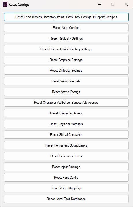 The Reset Configs window: a single column of buttons, one per global config group, from Load Movies and Inventory Items down to Level Text Databases.