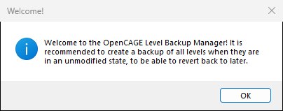 The Welcome message box shown on first use, recommending a backup of all levels while they are still unmodified.