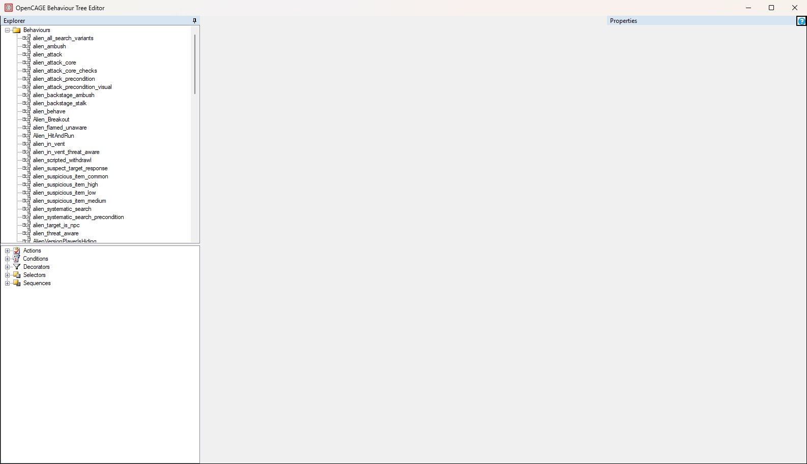 The Behaviour Tree Editor on first launch, with the extracted trees listed under Behaviours in the Explorer and no tree open yet.