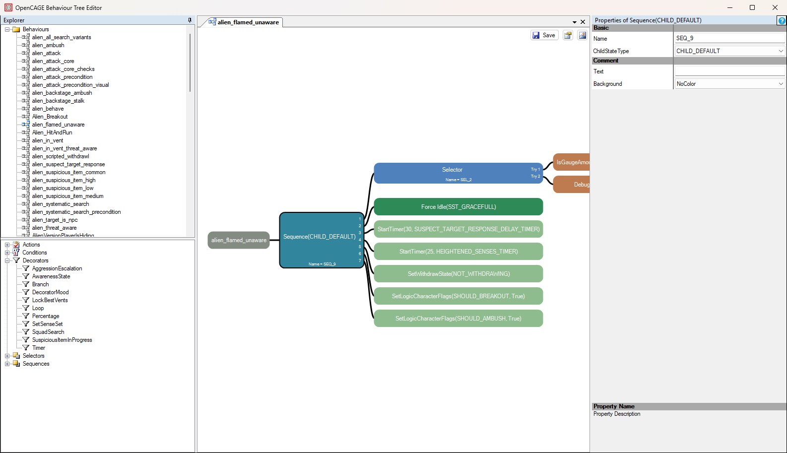 The Behaviour Tree Editor with a tree open: Explorer and node palette on the left, the graph canvas in the middle with a node selected, and its properties on the right.