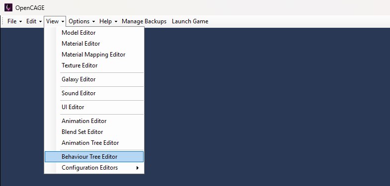 OpenCAGE's View menu open with the Behaviour Tree Editor entry highlighted.