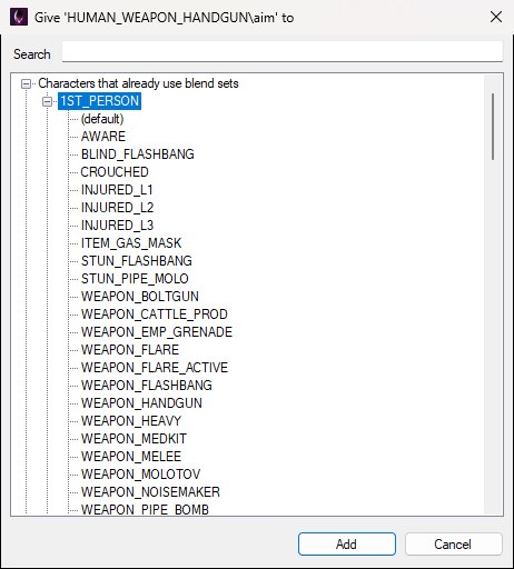 The Give to character dialog: a searchable tree of characters, those already carrying blend sets listed first, with 1ST_PERSON expanded to show its contexts, and the Add and Cancel buttons along the bottom.