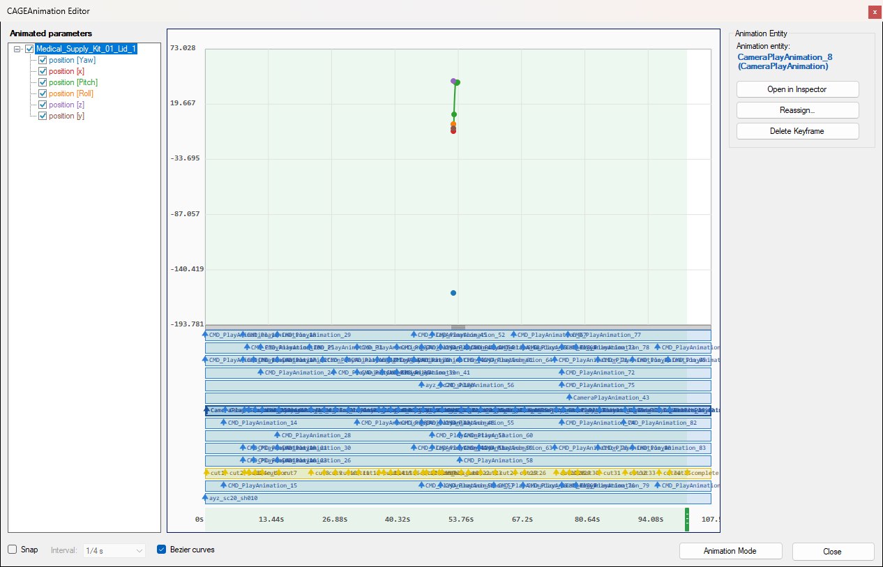 An Animation Entity keyframe selected on a blue lane, with the inspector naming the linked play-animation entity and offering Open in Inspector, Reassign and Delete Keyframe.