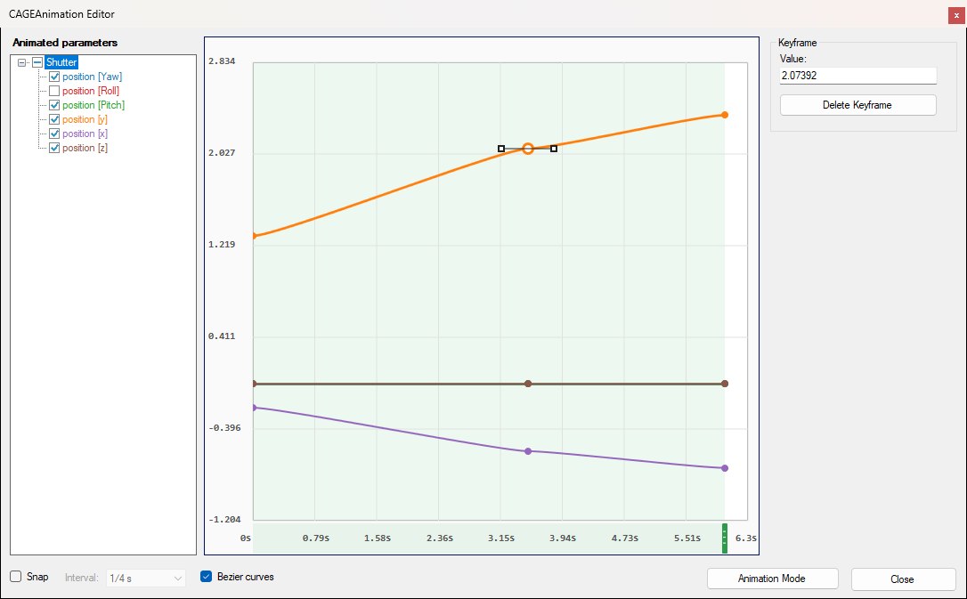 A selected keyframe on the shutter's position [y] curve with its bezier tangent handles, and the Keyframe inspector showing its value and a Delete Keyframe button.
