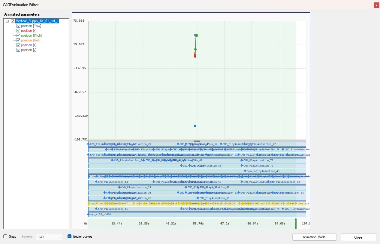 The CAGEAnimation Editor open on a retail cutscene animation: the animated-parameters tree on the left, the curve graph with event lanes and time ruler in the centre, and the footer controls.