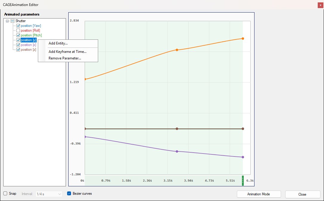 The track tree's right-click menu on a parameter node, offering Add Entity, Add Keyframe at Time and Remove Parameter.