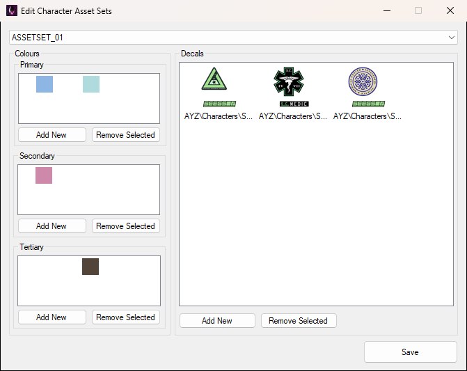 The Edit Character Asset Sets window: an asset-set dropdown at the top, Primary, Secondary and Tertiary colour swatch lists with Add New and Remove Selected buttons on the left, a Decals list with thumbnails on the right, and a Save button.