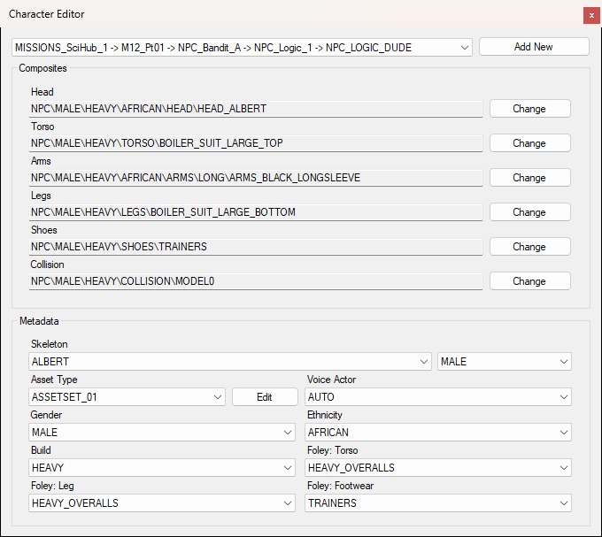 The Character Editor window for a Character entity in SCI_HUB: the instance dropdown and Add New button at the top, the Composites group with Head, Torso, Arms, Legs, Shoes and Collision slots each with a Change button, and the Metadata group with skeleton, asset type, voice actor, gender, ethnicity, build and foley dropdowns.