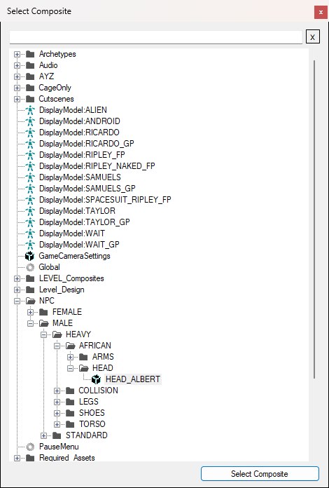 The Select Composite window opened from the Head slot’s Change button, with a search box above a composite tree in which the slot’s current head composite is selected, and a Select Composite button below.