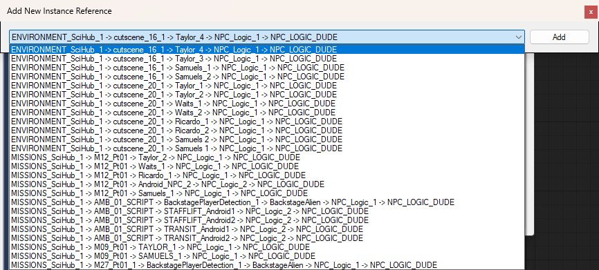 The Add New Instance Reference window with its dropdown open, listing the hierarchy paths of this character that do not yet have an accessory set, and an Add button to the right.