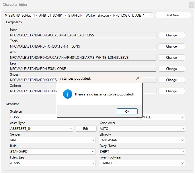 The Instances populated message box over the Character Editor, reading There are no instances to be populated!, shown when every placement of the character already has an accessory set.