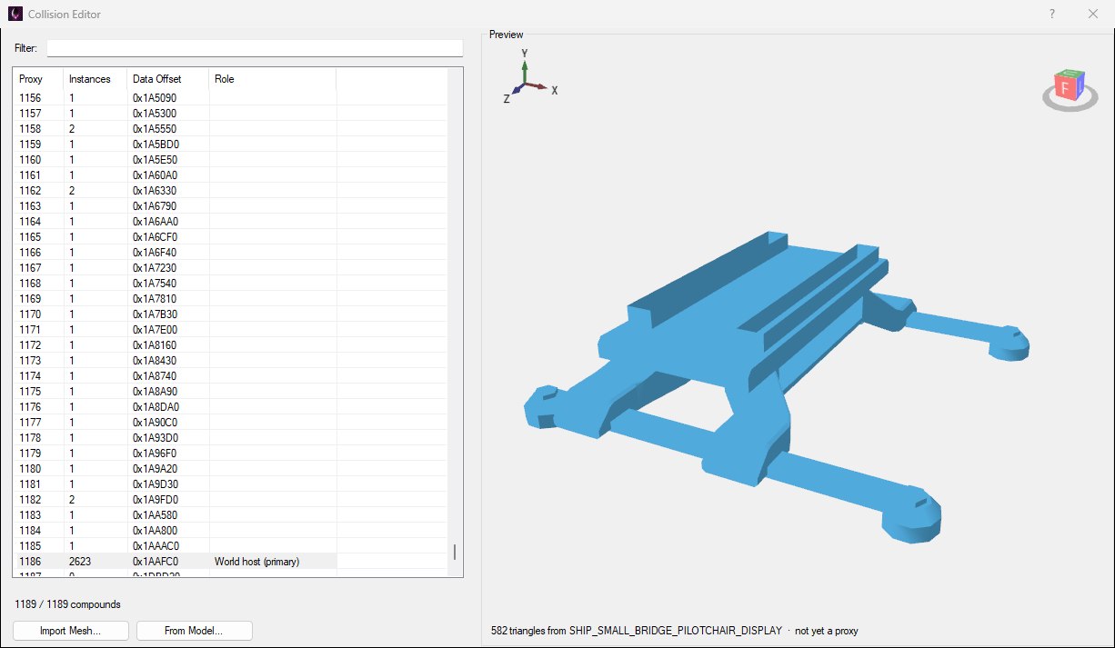 The Collision Editor previewing the SHIP_SMALL_BRIDGE_PILOTCHAIR_DISPLAY model's triangles: a chair base with four legs drawn in blue, with the status line reading 582 triangles from SHIP_SMALL_BRIDGE_PILOTCHAIR_DISPLAY · not yet a proxy.