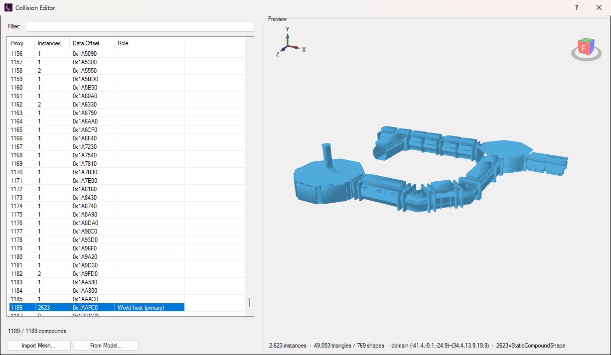 The Collision Editor on Torrens: the proxy list on the left scrolled to the bottom with proxy 1186, marked World host (primary) with 2,623 instances, selected, and the preview on the right drawing the whole ship's collision in blue; the status line under the preview reads 2,623 instances, 49,053 triangles / 769 shapes, the domain, and 2623×StaticCompoundShape.