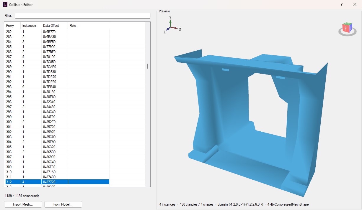 The Collision Editor with proxy 312 selected: an archway frame drawn in blue in the preview, made of four mesh pieces, with the status line reading 4 instances, 130 triangles / 4 shapes, domain (-1.2,0.5,-1) to (1.2,2.6,0.7), 4×BvCompressedMeshShape.