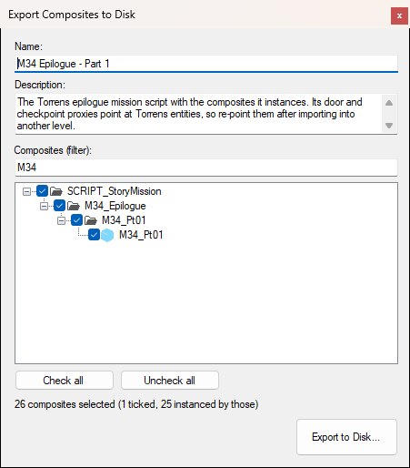 The Export Composites to Disk window with a package name and description filled in, the tree filtered to M34 with the M34_Pt01 mission composite ticked, and the summary counting the 25 composites it instances.