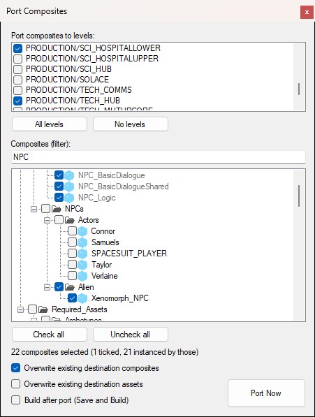 The Port Composites window: destination levels ticked at the top, the composite tree filtered to NPC with Xenomorph_NPC ticked and the composites it instances ticked and greyed, the count beneath, and the overwrite and build options beside Port Now.