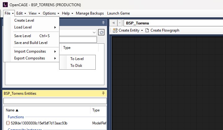 The File menu open with Export Composites expanded to show To Level and To Disk; Import Composites sits just above it.