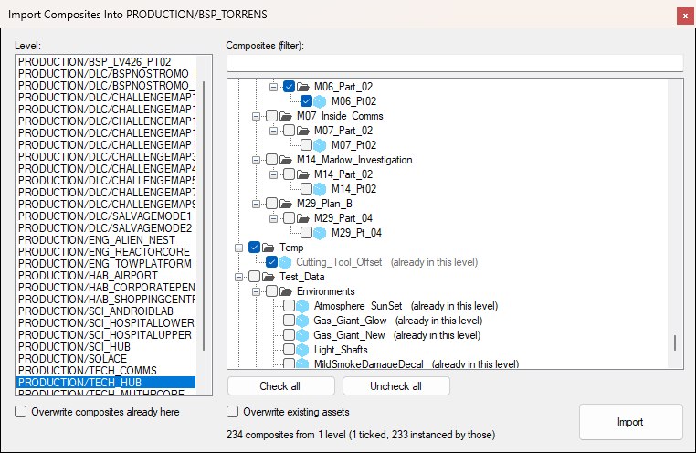 The Import Composites Into PRODUCTION/BSP_TORRENS window: the level list on the left with TECH_HUB chosen, its composites on the right with M06_Pt02 ticked and the composites the open level already has marked (already in this level), the summary line, and the overwrite options beside Import.