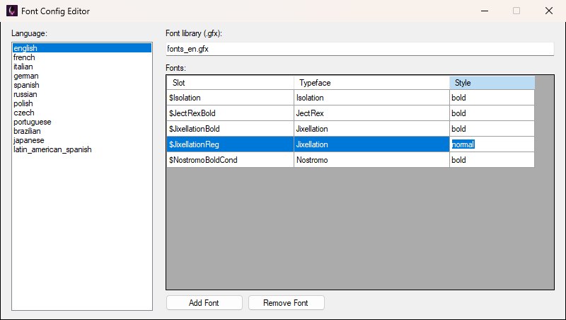 The Font Config Editor with the $JixellationReg row selected in the Fonts grid and its Style cell open for editing, with the Add Font and Remove Font buttons below.