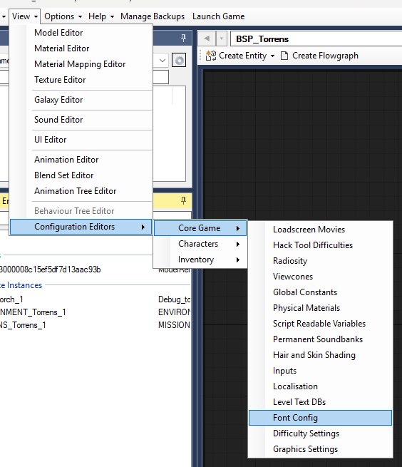 The View menu in OpenCAGE opened to Configuration Editors, Core Game, with Font Config highlighted.