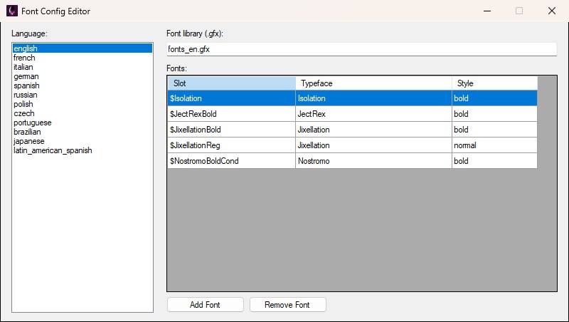The Font Config Editor with english selected in the Language list, its font library set to fonts_en.gfx, and the five font slots listed in the Fonts grid.