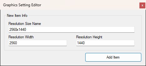 The Add Item popup for a windowed resolution preset, with fields for the preset name, width and height.