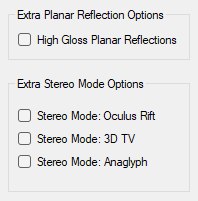 The Extra Planar Reflection Options and Extra Stereo Mode Options checkbox groups from the top-right corner of the editor.