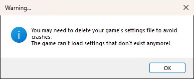The warning message box OpenCAGE shows after saving graphics settings, reminding you that the game cannot load a settings file that names a missing preset.