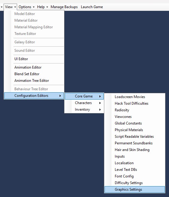The View toolbar dropdown open in OpenCAGE with Configuration Editors and Core Game expanded and Graphics Settings highlighted.