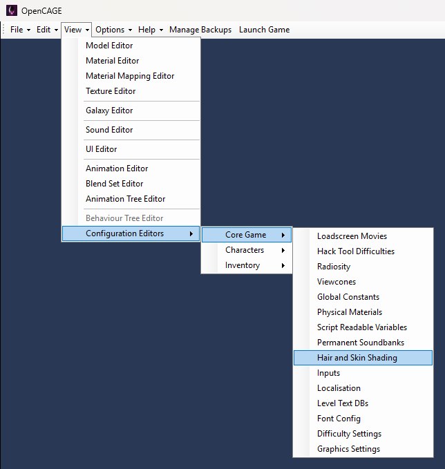 The View menu in OpenCAGE with Configuration Editors and Core Game expanded, showing the Hair and Skin Shading entry.