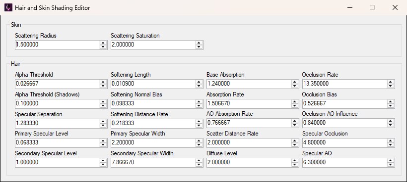 The Hair and Skin Shading Editor window: two skin fields in a small group at the top and twenty hair fields in four columns in the larger group below.
