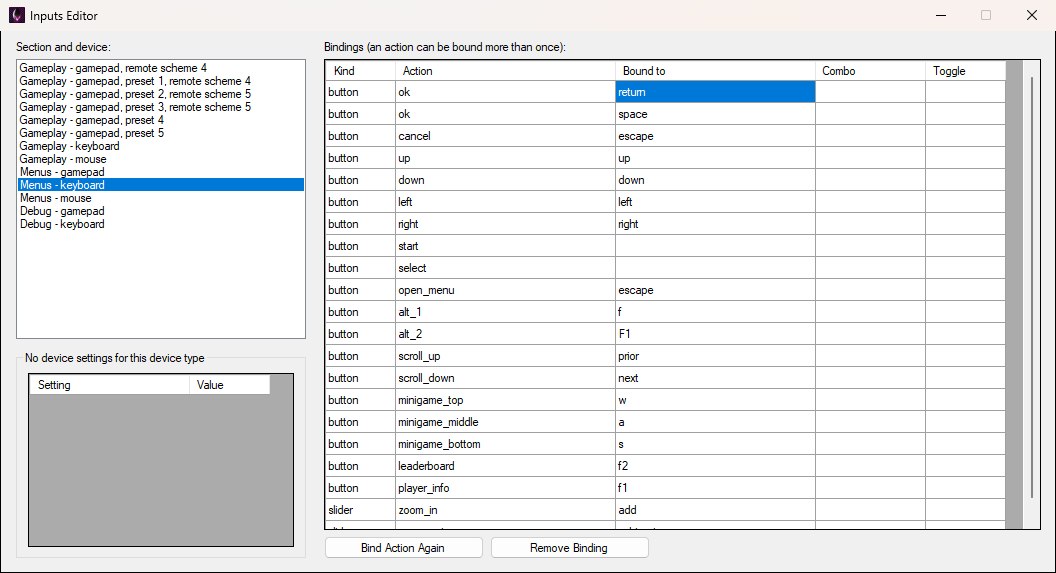 The Bindings grid for the Menus keyboard device, where the ok action is listed twice, bound to return and to space.