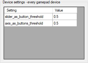 The Device settings group for gamepad devices, listing the slider-as-button and axis-as-buttons thresholds.