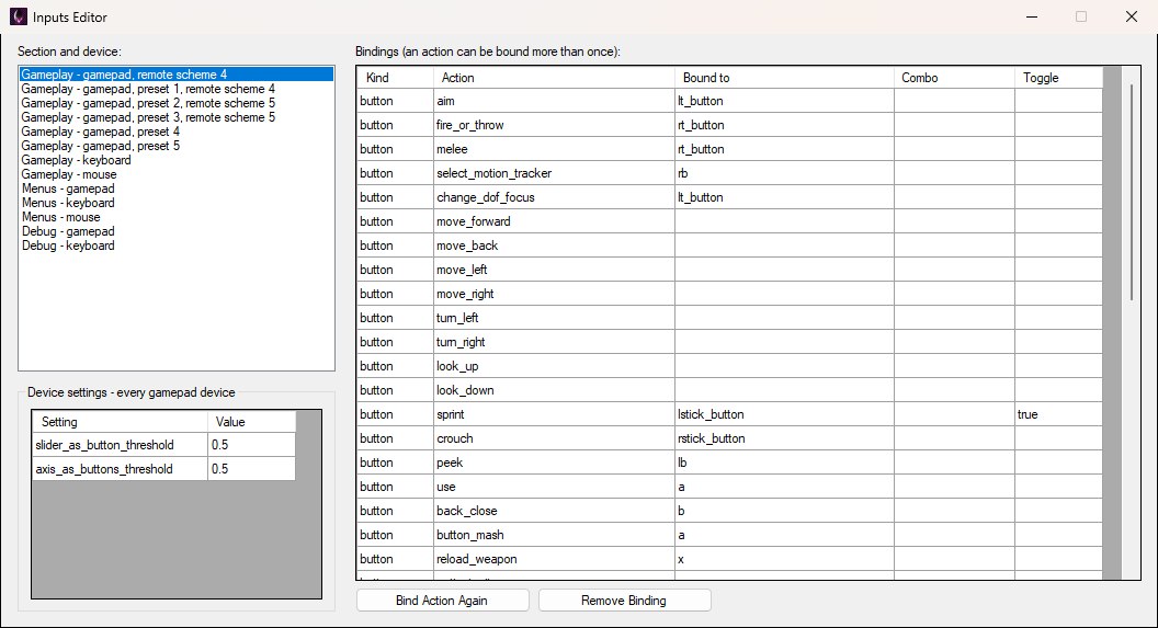 The Inputs Editor window, with the section-and-device list and device settings on the left and the bindings grid with its Bind Action Again and Remove Binding buttons on the right.