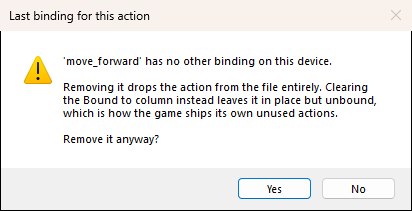 The warning shown when removing the only binding an action has on a device, offering to remove it anyway or not.