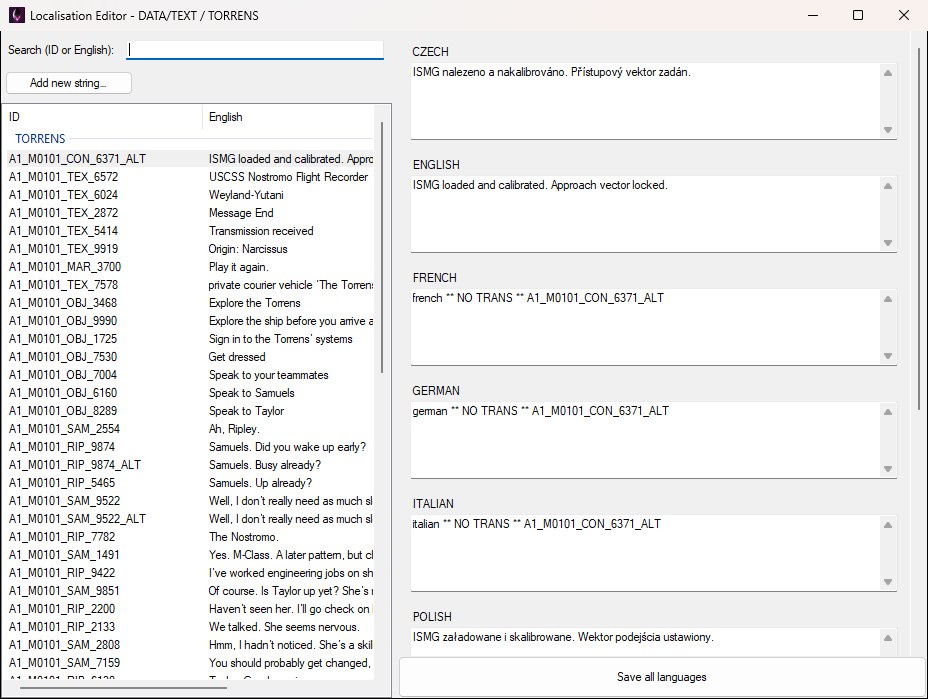 The Localisation Editor opened on the shared TORRENS database, its title bar naming DATA/TEXT / TORRENS, with the string list on the left and the nine language text boxes on the right.