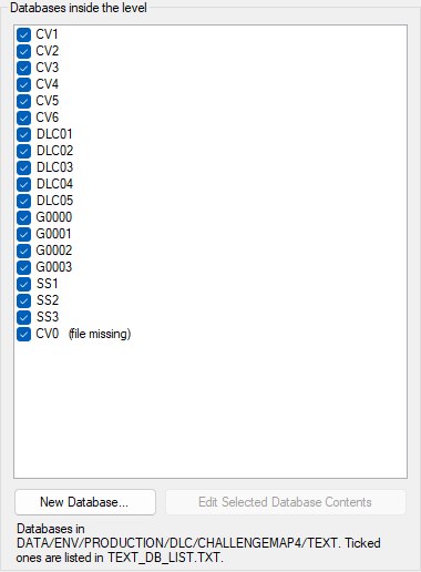 The databases-inside-the-level group for ChallengeMap4, listing the databases in its TEXT folder with every one ticked, CV0 marked as file missing, and the New Database and Edit Selected Database Contents buttons beneath.