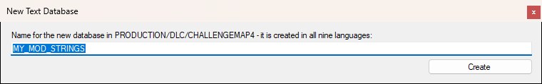 The New Text Database prompt asking for a name for the new database in ChallengeMap4, noting it is created in all nine languages, with a Create button.
